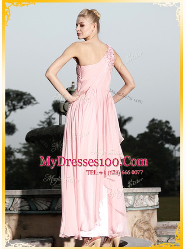 Amazing One Shoulder Baby Pink Side Zipper Prom Evening Gown Ruching and Hand Made Flower Sleeveless Floor Length