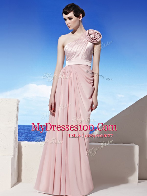 Cheap Empire Mother Of The Bride Dress Pink One Shoulder Chiffon Sleeveless Floor Length Side Zipper