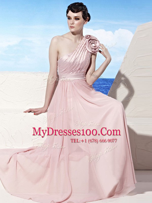 Cheap Empire Mother Of The Bride Dress Pink One Shoulder Chiffon Sleeveless Floor Length Side Zipper