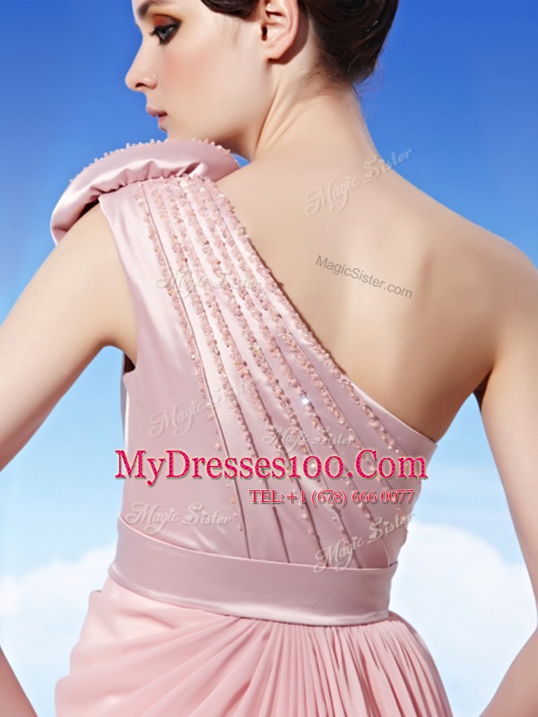 Cheap Empire Mother Of The Bride Dress Pink One Shoulder Chiffon Sleeveless Floor Length Side Zipper