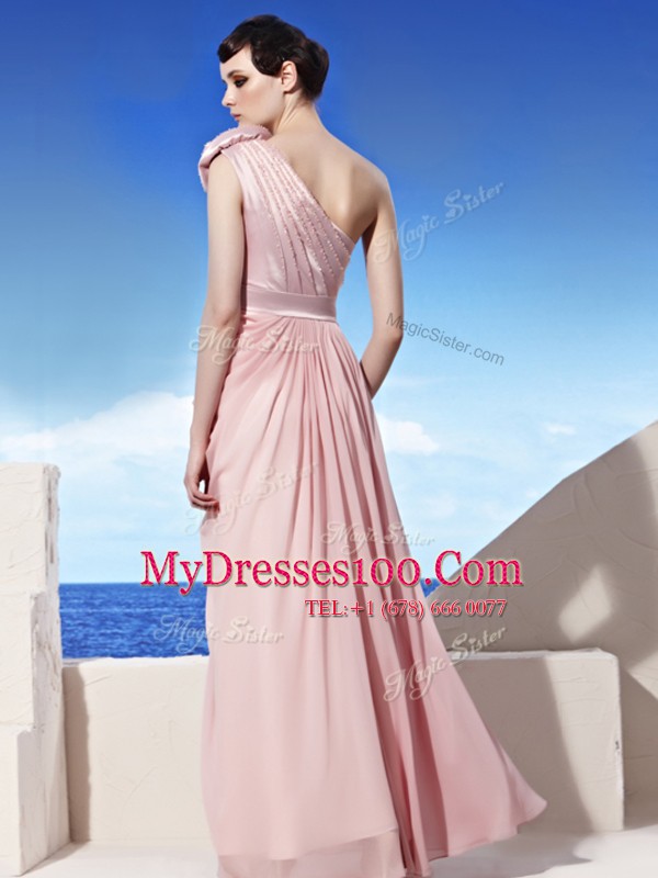 Cheap Empire Mother Of The Bride Dress Pink One Shoulder Chiffon Sleeveless Floor Length Side Zipper