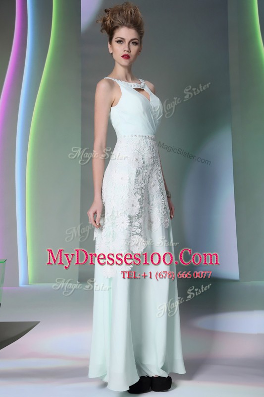 Scoop Apple Green Sleeveless Beading and Lace Floor Length Mother Of The Bride Dress