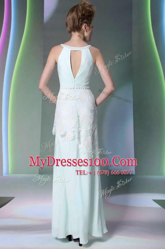Scoop Apple Green Sleeveless Beading and Lace Floor Length Mother Of The Bride Dress