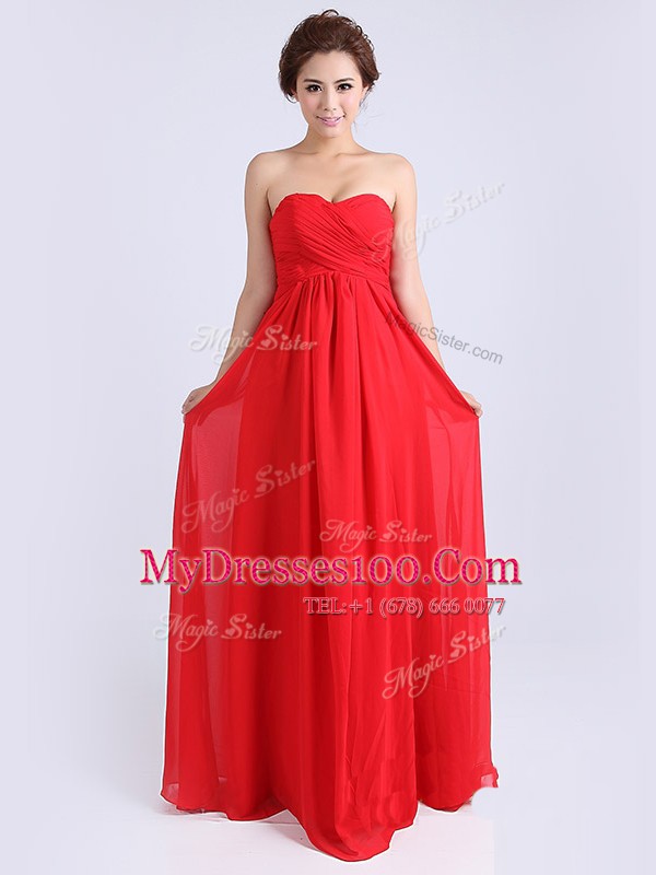 Red Sleeveless Ruching Floor Length