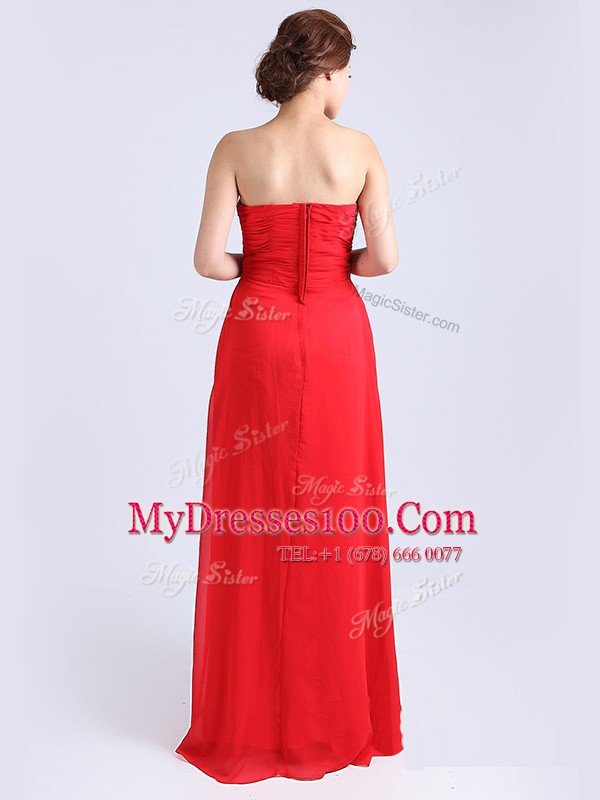 Red Sleeveless Ruching Floor Length