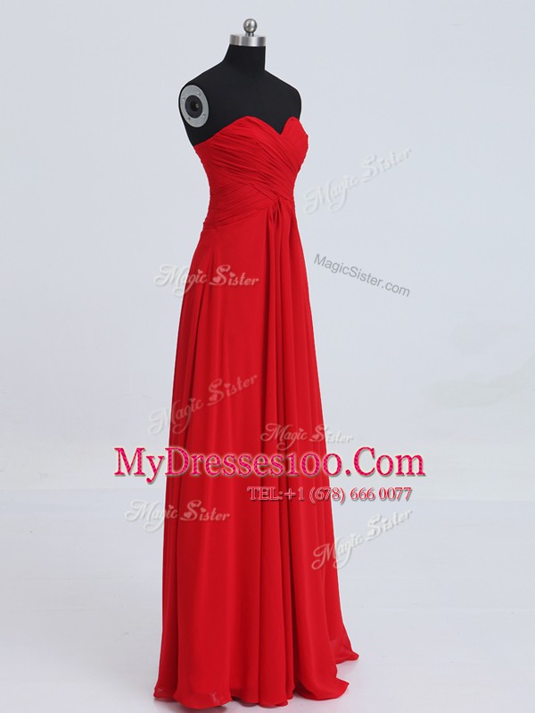 Red Sleeveless Ruching Floor Length