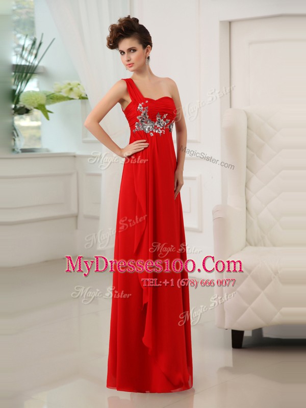 One Shoulder Sleeveless Zipper Floor Length Beading and Appliques and Ruching Prom Party Dress