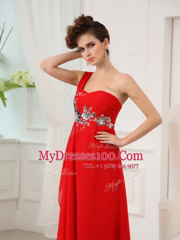 One Shoulder Sleeveless Zipper Floor Length Beading and Appliques and Ruching Prom Party Dress