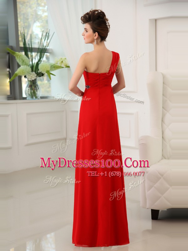 One Shoulder Sleeveless Zipper Floor Length Beading and Appliques and Ruching Prom Party Dress