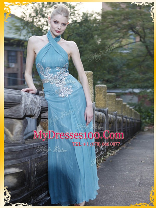 Halter Top Light Blue Sleeveless Floor Length Appliques Zipper Womens Evening Dresses
