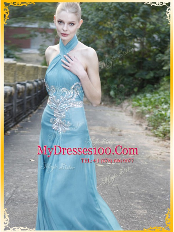 Halter Top Light Blue Sleeveless Floor Length Appliques Zipper Womens Evening Dresses