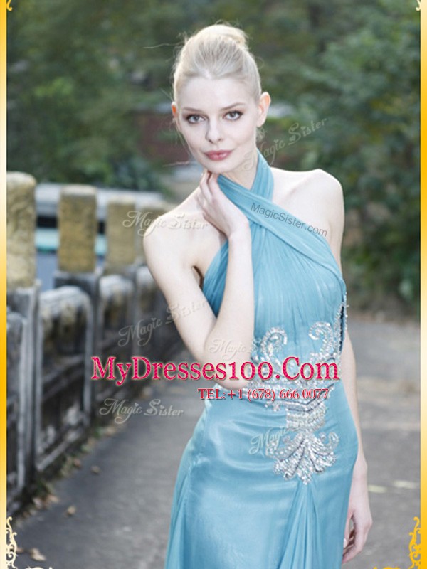 Halter Top Light Blue Sleeveless Floor Length Appliques Zipper Womens Evening Dresses