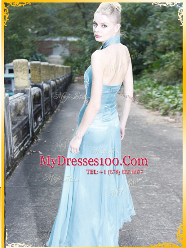 Halter Top Light Blue Sleeveless Floor Length Appliques Zipper Womens Evening Dresses