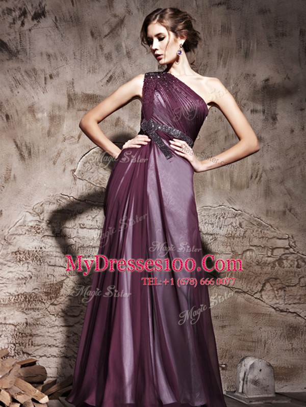 Fine One Shoulder Sleeveless Satin Floor Length Side Zipper Prom Party Dress in Purple with Beading and Ruching