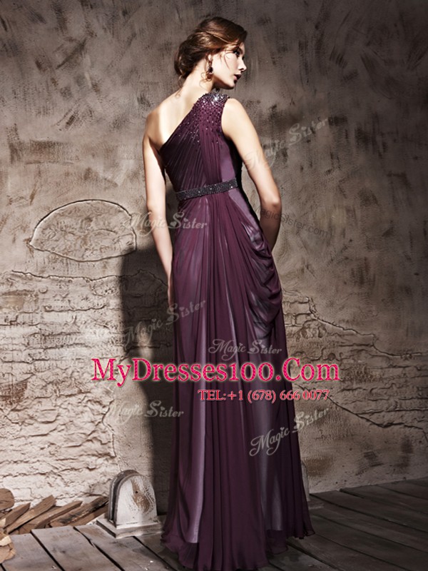 Fine One Shoulder Sleeveless Satin Floor Length Side Zipper Prom Party Dress in Purple with Beading and Ruching