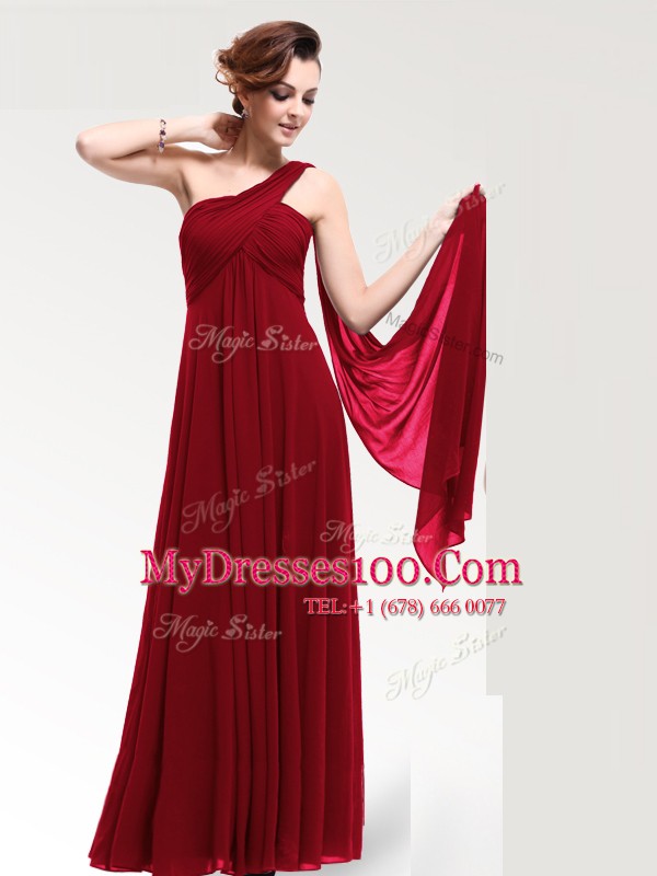Super Wine Red Empire One Shoulder Sleeveless Chiffon Floor Length Zipper Ruching Mother Of The Bride Dress
