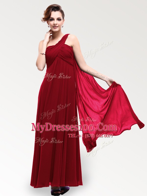 Super Wine Red Empire One Shoulder Sleeveless Chiffon Floor Length Zipper Ruching Mother Of The Bride Dress