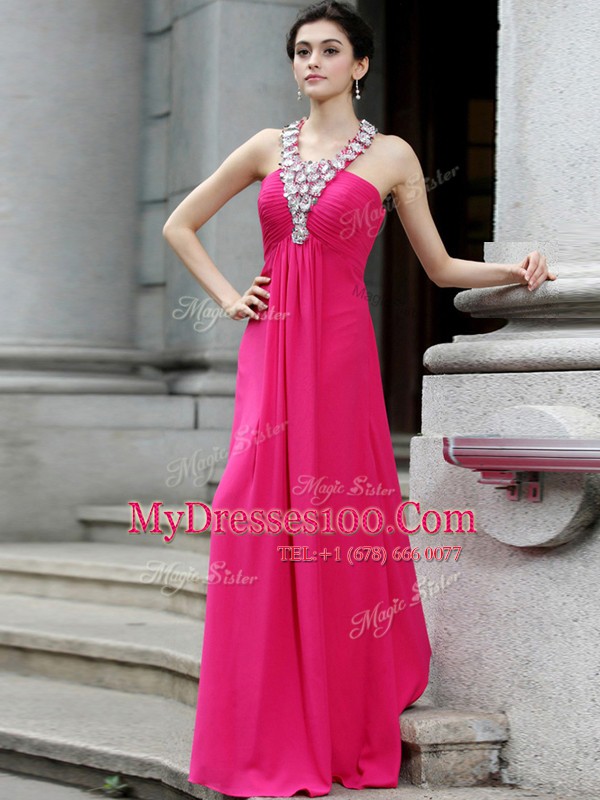 On Sale Hot Pink Prom Dress Prom and Party and For with Beading and Ruching Strapless Sleeveless Criss Cross