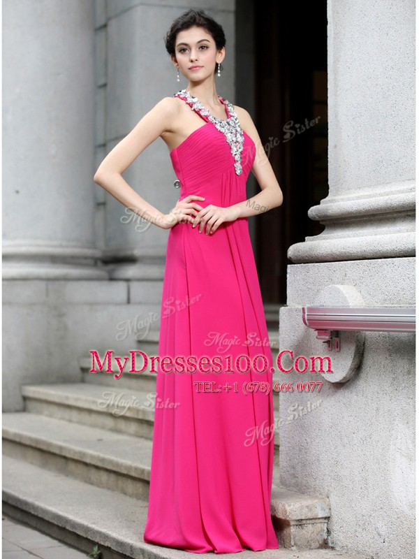 On Sale Hot Pink Prom Dress Prom and Party and For with Beading and Ruching Strapless Sleeveless Criss Cross