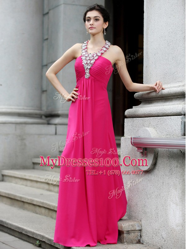 On Sale Hot Pink Prom Dress Prom and Party and For with Beading and Ruching Strapless Sleeveless Criss Cross