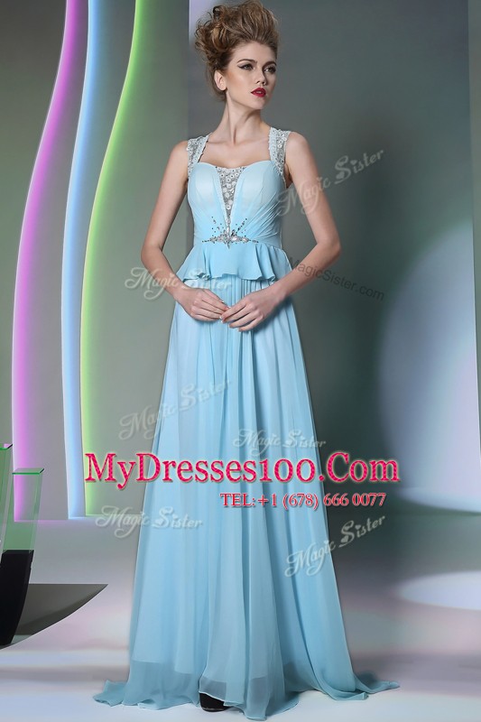 Inexpensive Scoop Sleeveless Chiffon Floor Length Zipper Homecoming Dress Online in Light Blue with Beading