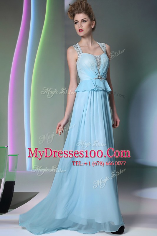 Inexpensive Scoop Sleeveless Chiffon Floor Length Zipper Homecoming Dress Online in Light Blue with Beading