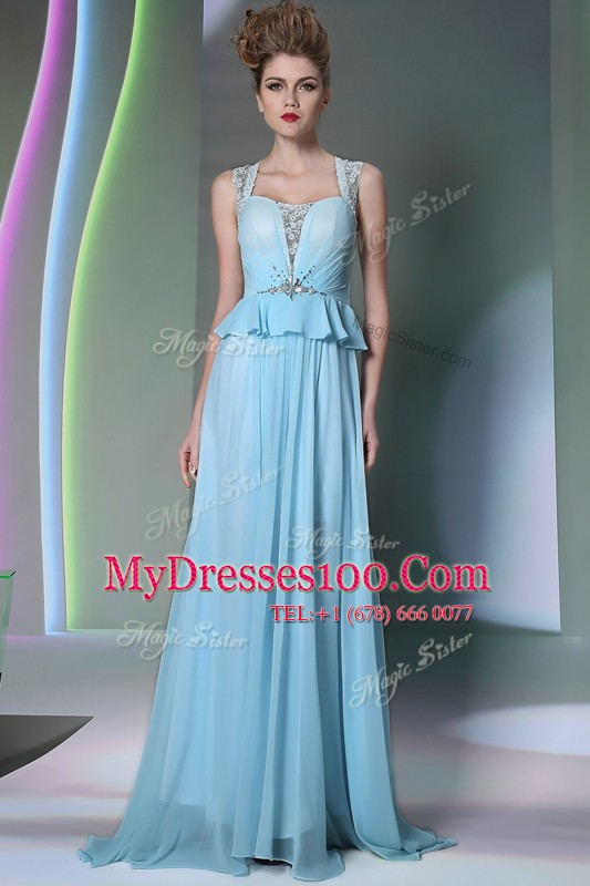 Inexpensive Scoop Sleeveless Chiffon Floor Length Zipper Homecoming Dress Online in Light Blue with Beading