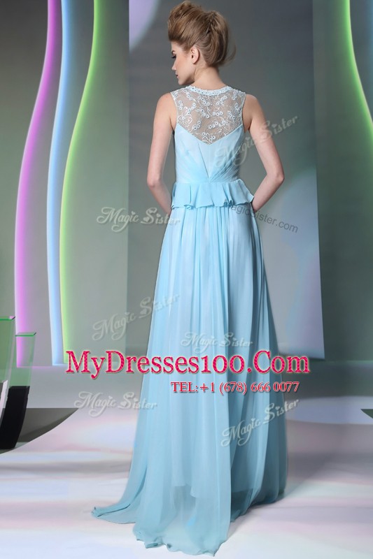 Inexpensive Scoop Sleeveless Chiffon Floor Length Zipper Homecoming Dress Online in Light Blue with Beading