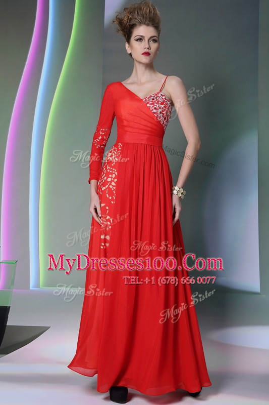 Affordable Asymmetric Long Sleeves Side Zipper Prom Gown Coral Red Chiffon