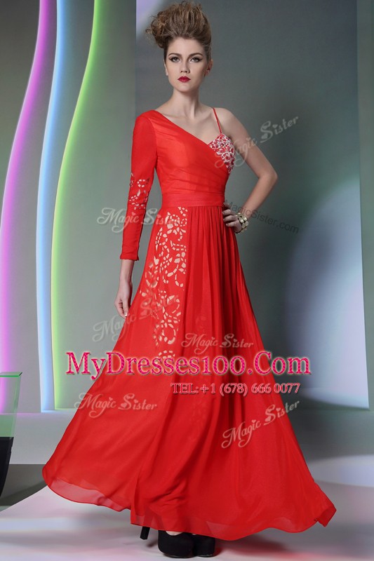 Affordable Asymmetric Long Sleeves Side Zipper Prom Gown Coral Red Chiffon