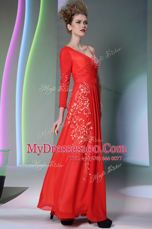 Affordable Asymmetric Long Sleeves Side Zipper Prom Gown Coral Red Chiffon