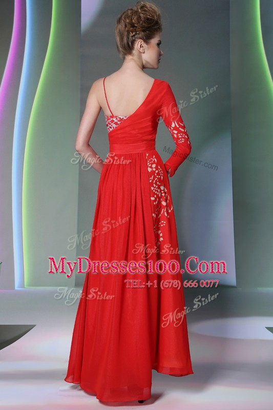 Affordable Asymmetric Long Sleeves Side Zipper Prom Gown Coral Red Chiffon