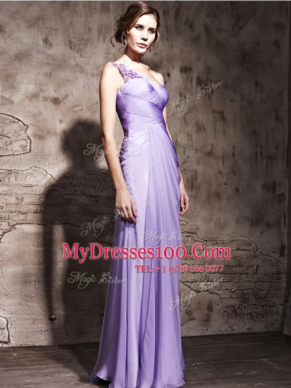 Ideal Chiffon One Shoulder Sleeveless Side Zipper Beading and Ruching Mother Of The Bride Dress in Lavender