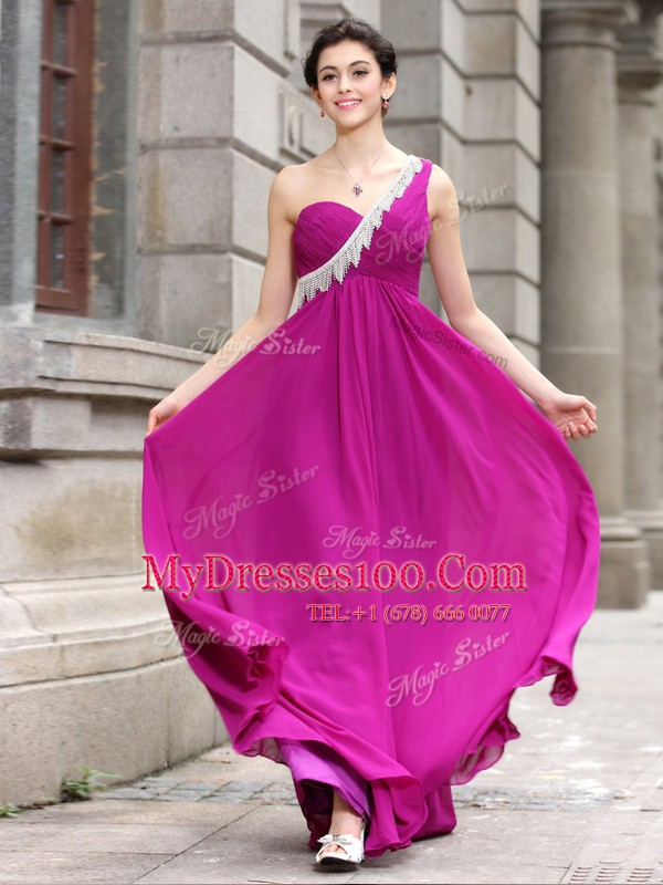 Hot Selling One Shoulder Chiffon Sleeveless Floor Length Mother Of The Bride Dress and Beading