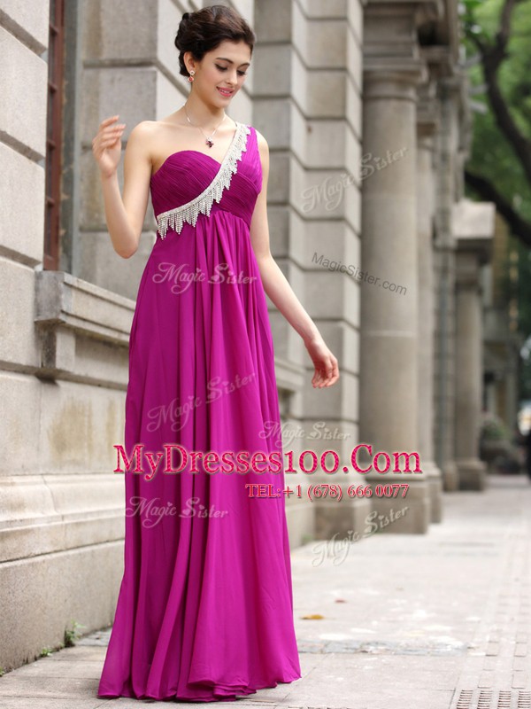 Hot Selling One Shoulder Chiffon Sleeveless Floor Length Mother Of The Bride Dress and Beading