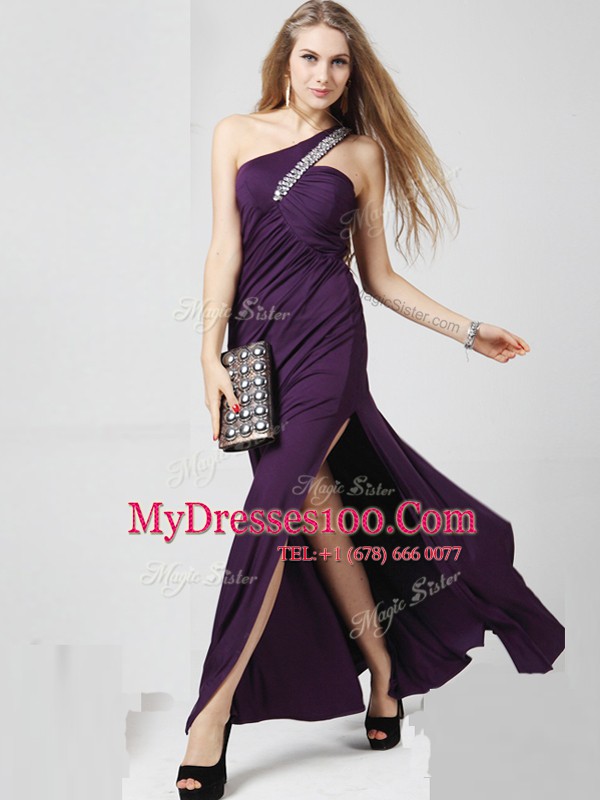 New Arrival Floor Length Purple Prom Evening Gown One Shoulder Sleeveless Criss Cross