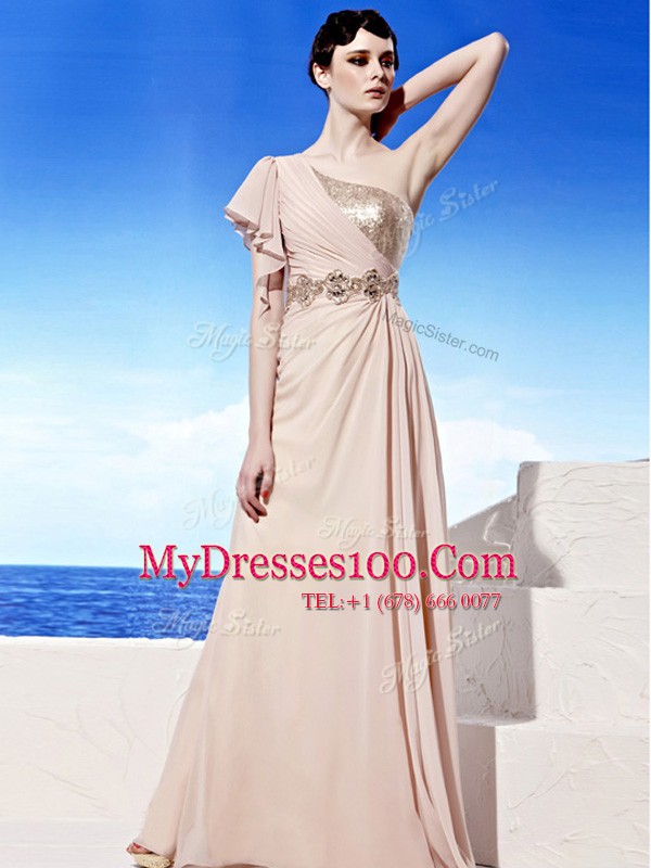One Shoulder Peach Side Zipper Mother Of The Bride Dress Sequins and Ruching Sleeveless Floor Length