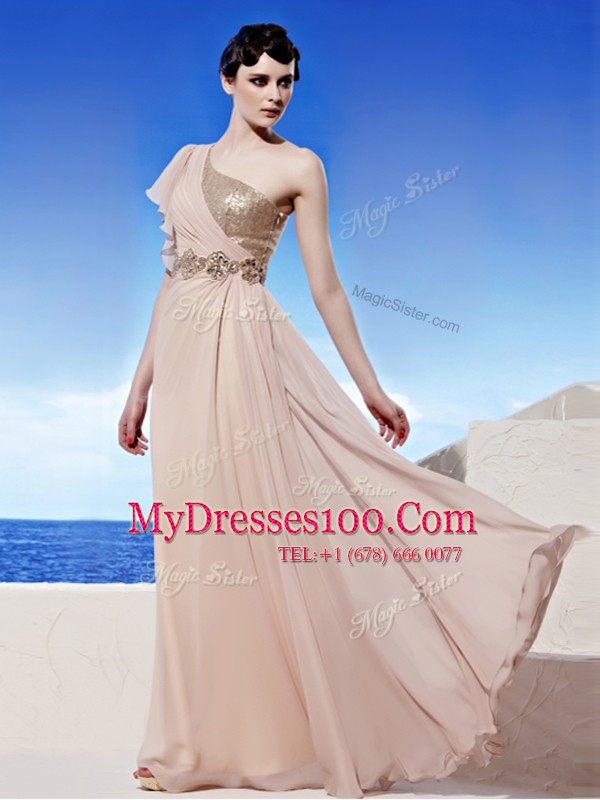 One Shoulder Peach Side Zipper Mother Of The Bride Dress Sequins and Ruching Sleeveless Floor Length