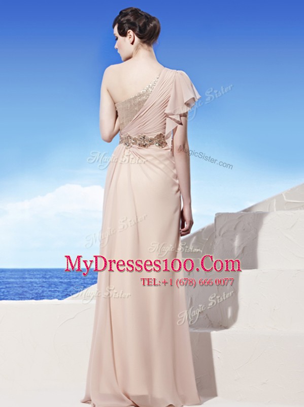 One Shoulder Peach Side Zipper Mother Of The Bride Dress Sequins and Ruching Sleeveless Floor Length