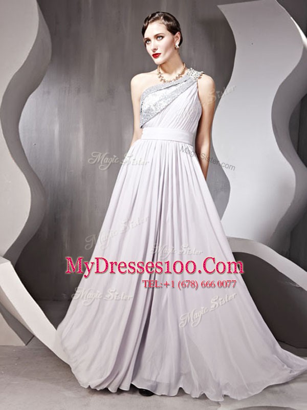 Clearance One Shoulder Sleeveless Prom Gown Floor Length Beading Silver Chiffon