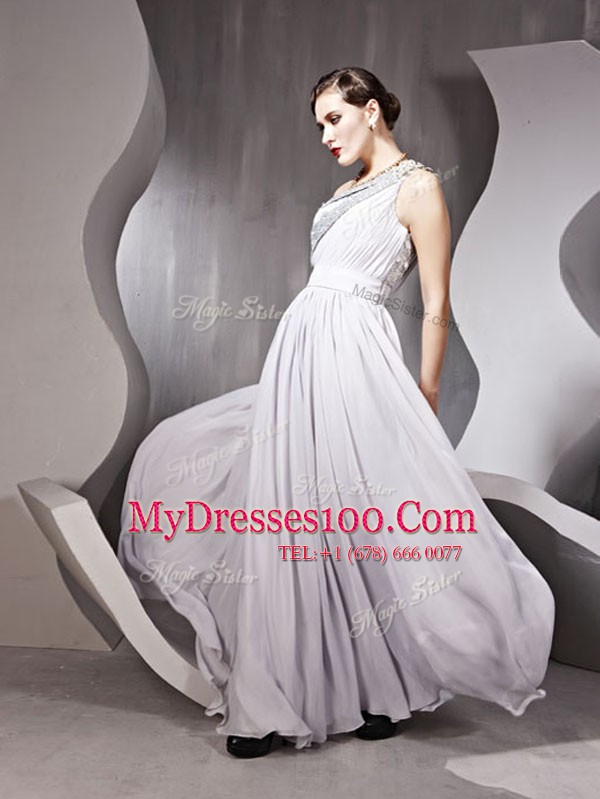 Clearance One Shoulder Sleeveless Prom Gown Floor Length Beading Silver Chiffon