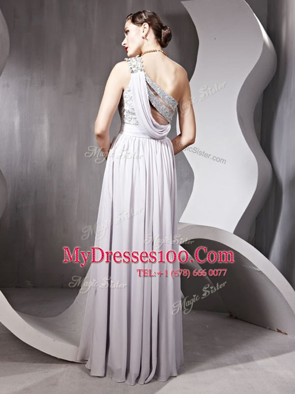 Clearance One Shoulder Sleeveless Prom Gown Floor Length Beading Silver Chiffon
