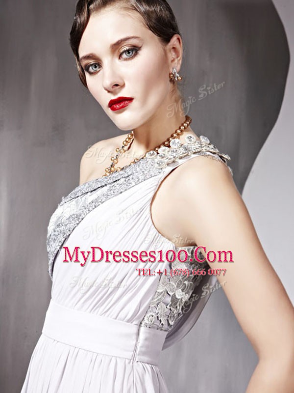 Clearance One Shoulder Sleeveless Prom Gown Floor Length Beading Silver Chiffon
