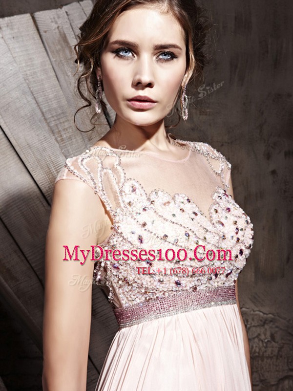Best Selling Scoop Pink Sleeveless Floor Length Beading Side Zipper Homecoming Dress
