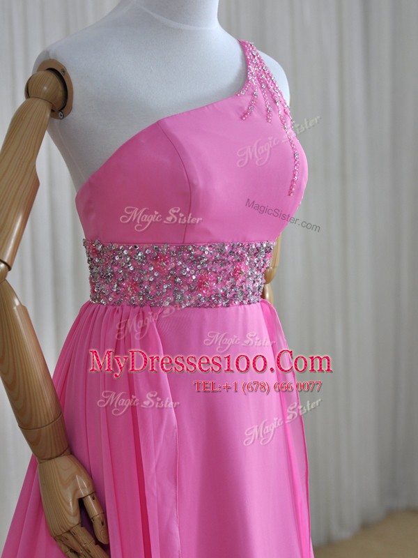Chic One Shoulder Beading Prom Gown Rose Pink Lace Up Sleeveless Brush Train