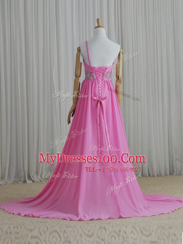 Chic One Shoulder Beading Prom Gown Rose Pink Lace Up Sleeveless Brush Train