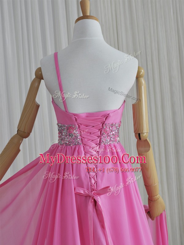 Chic One Shoulder Beading Prom Gown Rose Pink Lace Up Sleeveless Brush Train