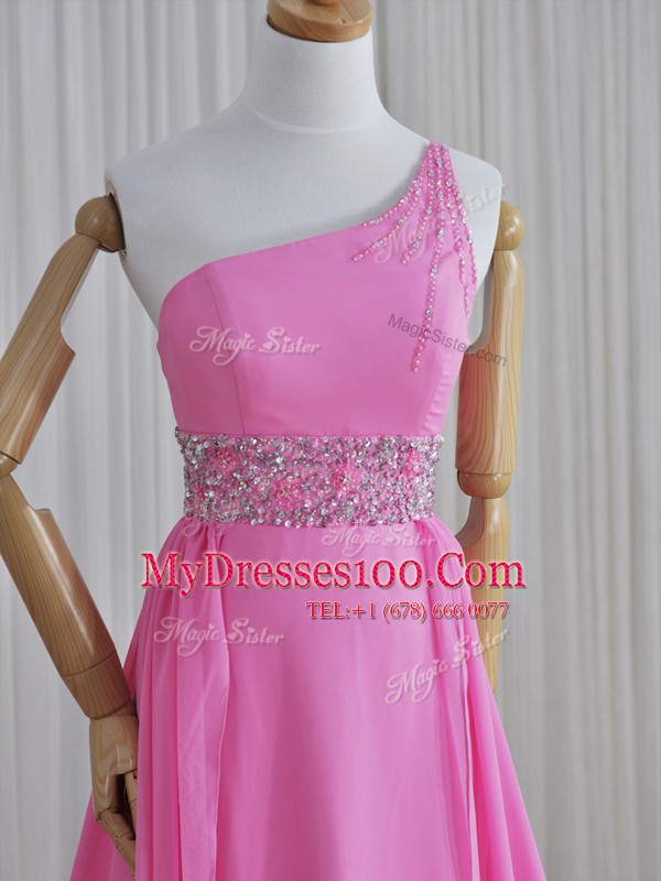 Chic One Shoulder Beading Prom Gown Rose Pink Lace Up Sleeveless Brush Train