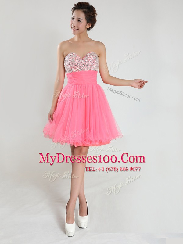 Beading Party Dress Pink Lace Up Sleeveless Knee Length