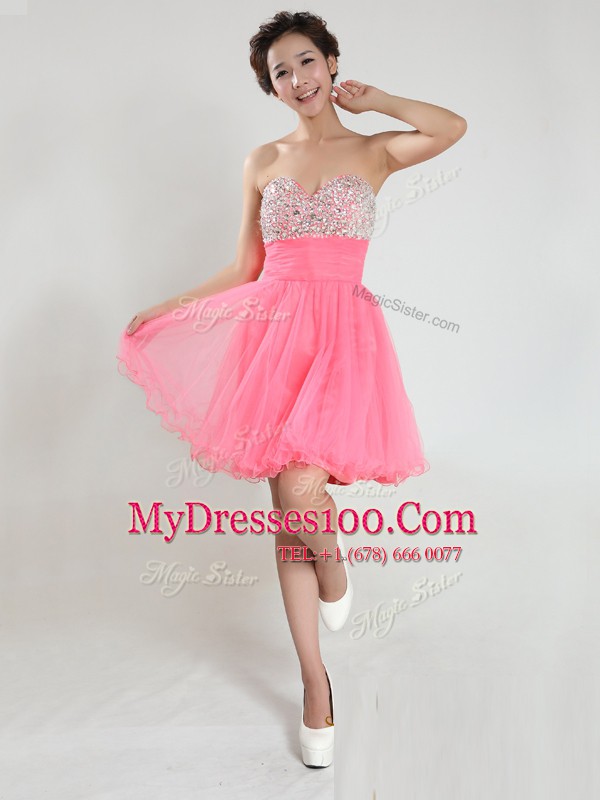 Beading Party Dress Pink Lace Up Sleeveless Knee Length